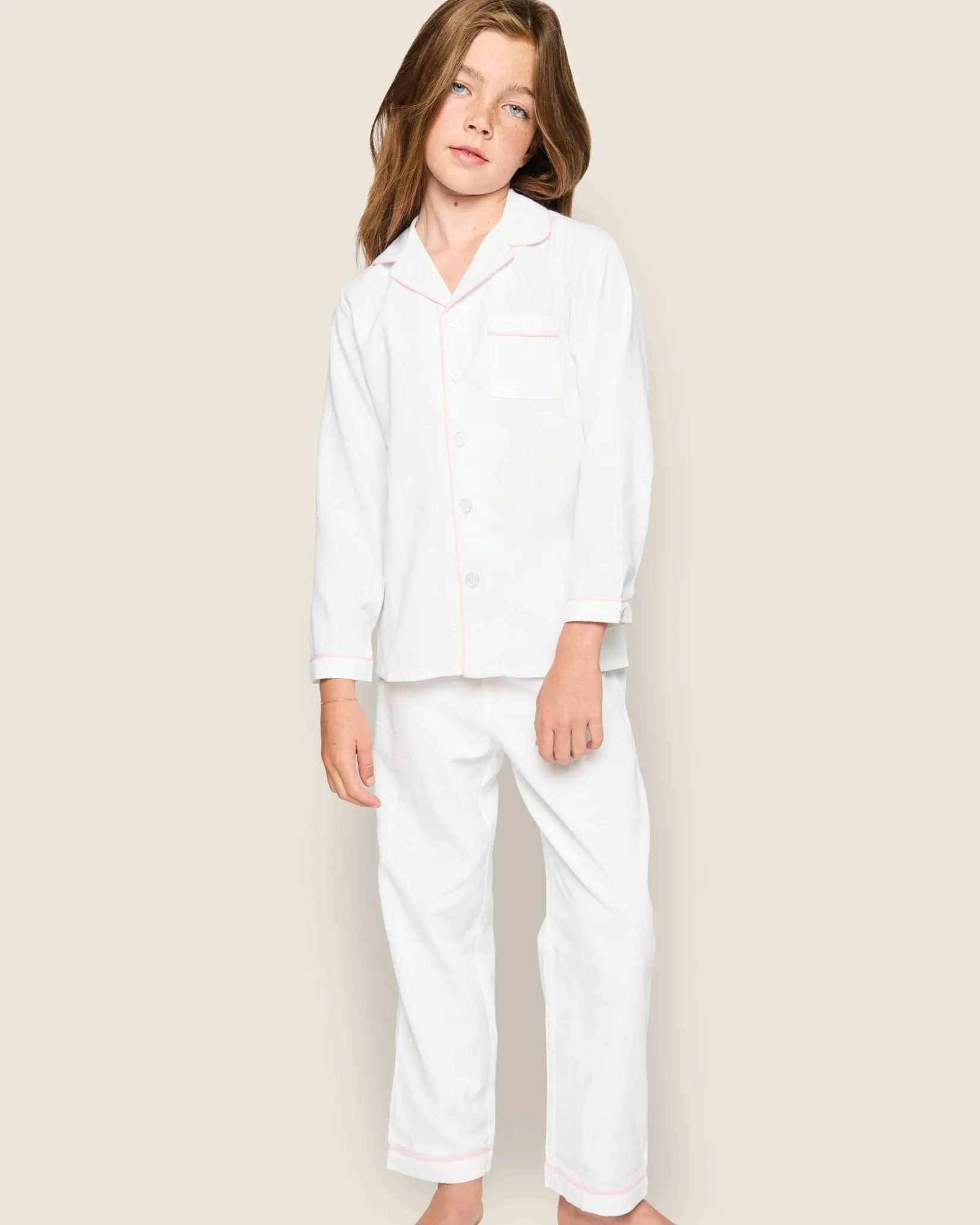 Kids Petite Plume Kid's Twill White Pajama Set in White with Navy Piping