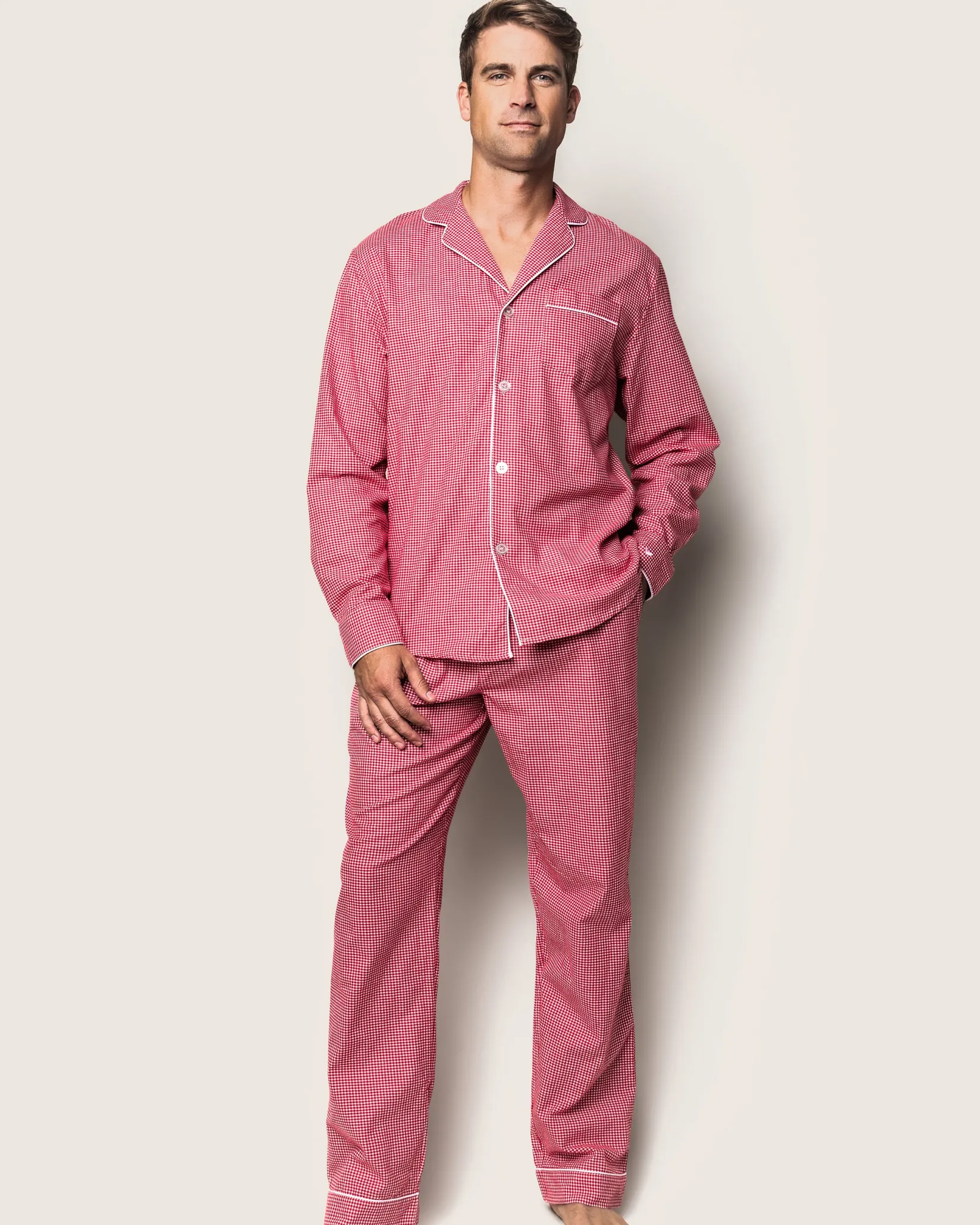 Petite Plume Men's Flannel Pajama Set in Red Mini Gingham