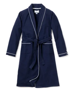 Petite Plume Men's Flannel Robe in Navy with White Piping