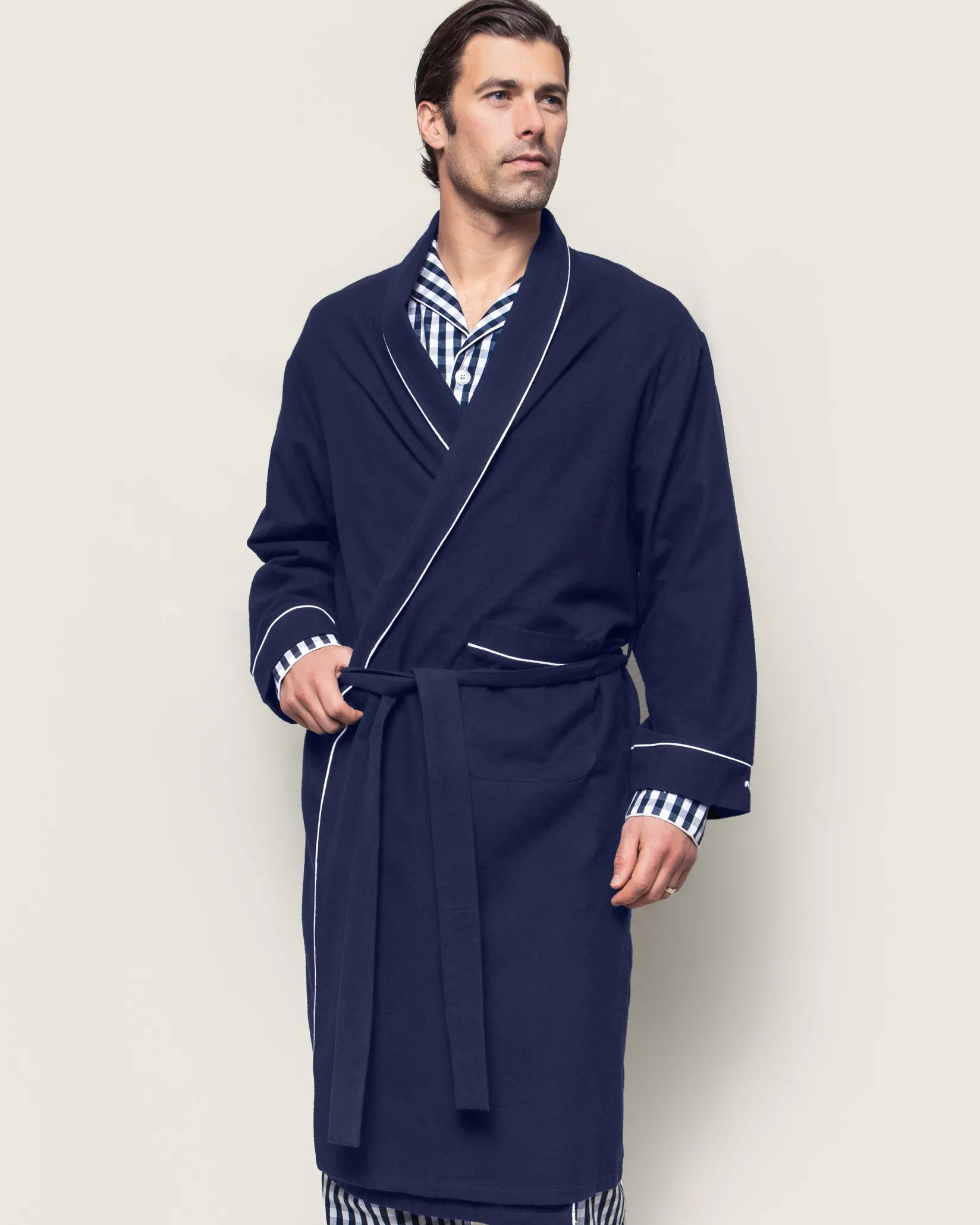 Petite Plume Men's Flannel Robe in Navy with White Piping