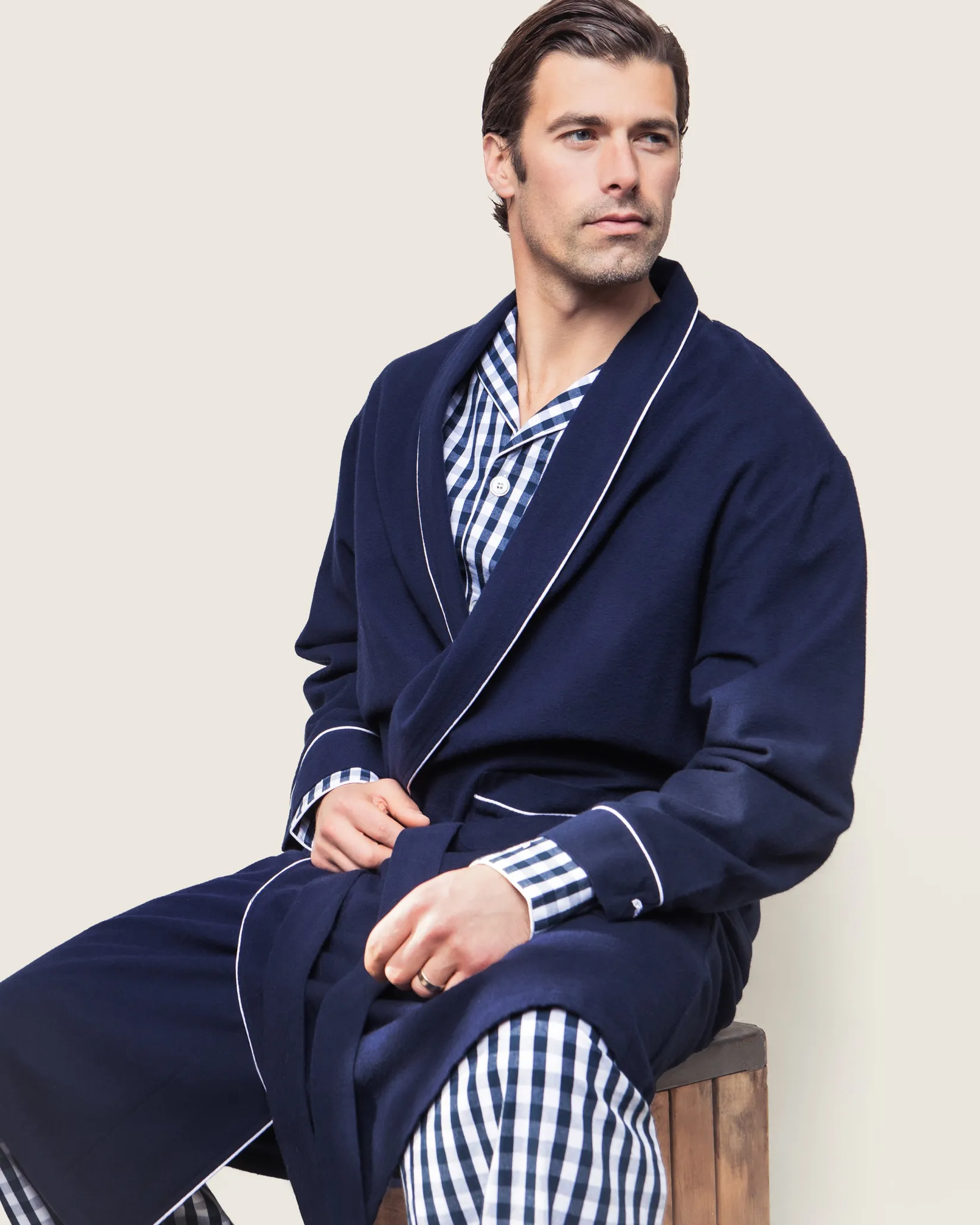 Petite Plume Men's Flannel Robe in Navy with White Piping