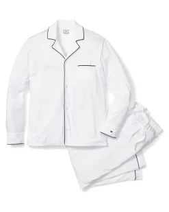 Petite Plume Men's Pima Pajama Set in White with Navy Piping