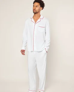 Petite Plume Men's Pima Pajama Set in White with Navy Piping