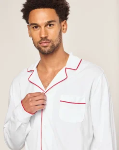 Petite Plume Men's Pima Pajama Set in White with Navy Piping