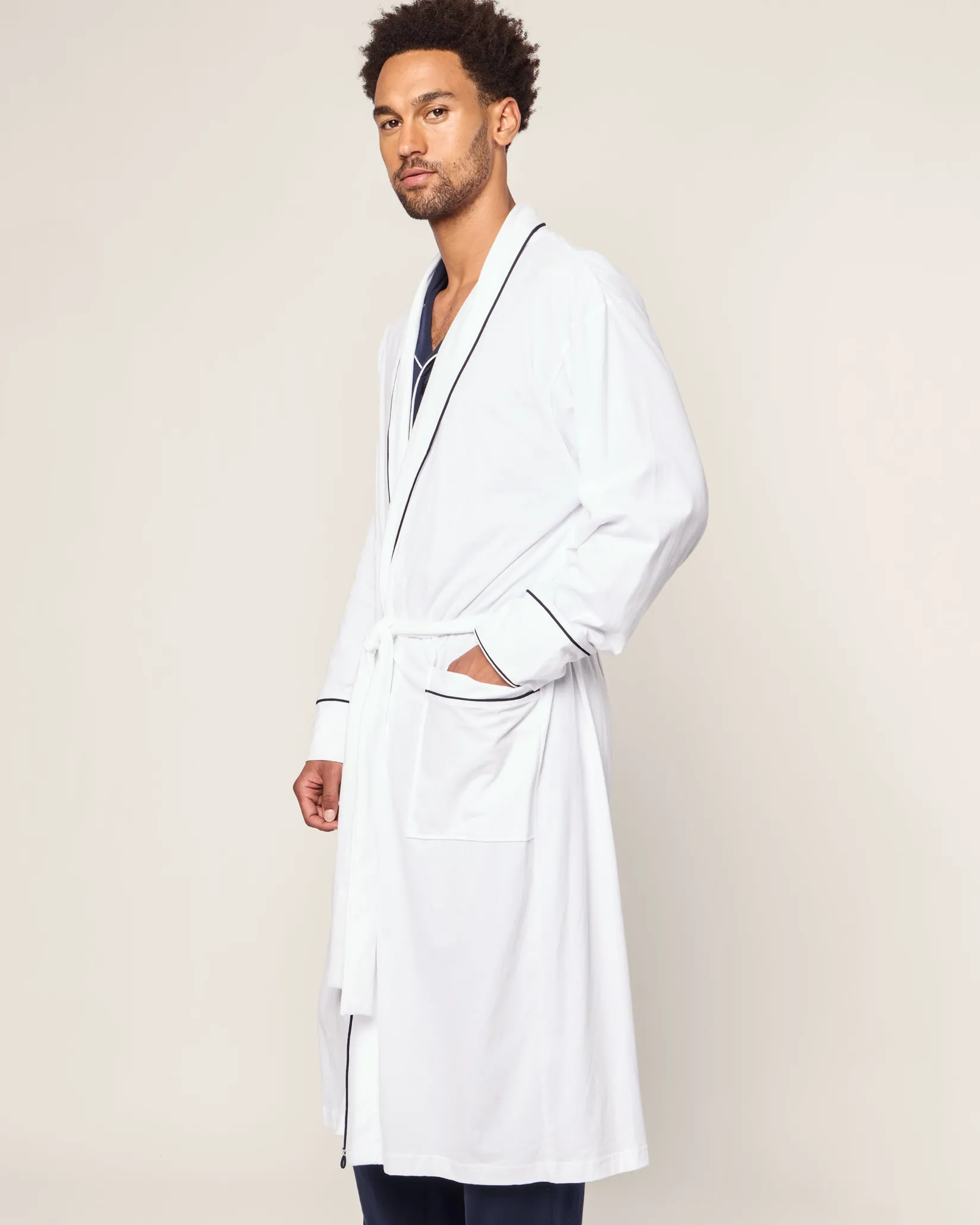 Petite Plume Men's Pima Robe in White with Navy Piping