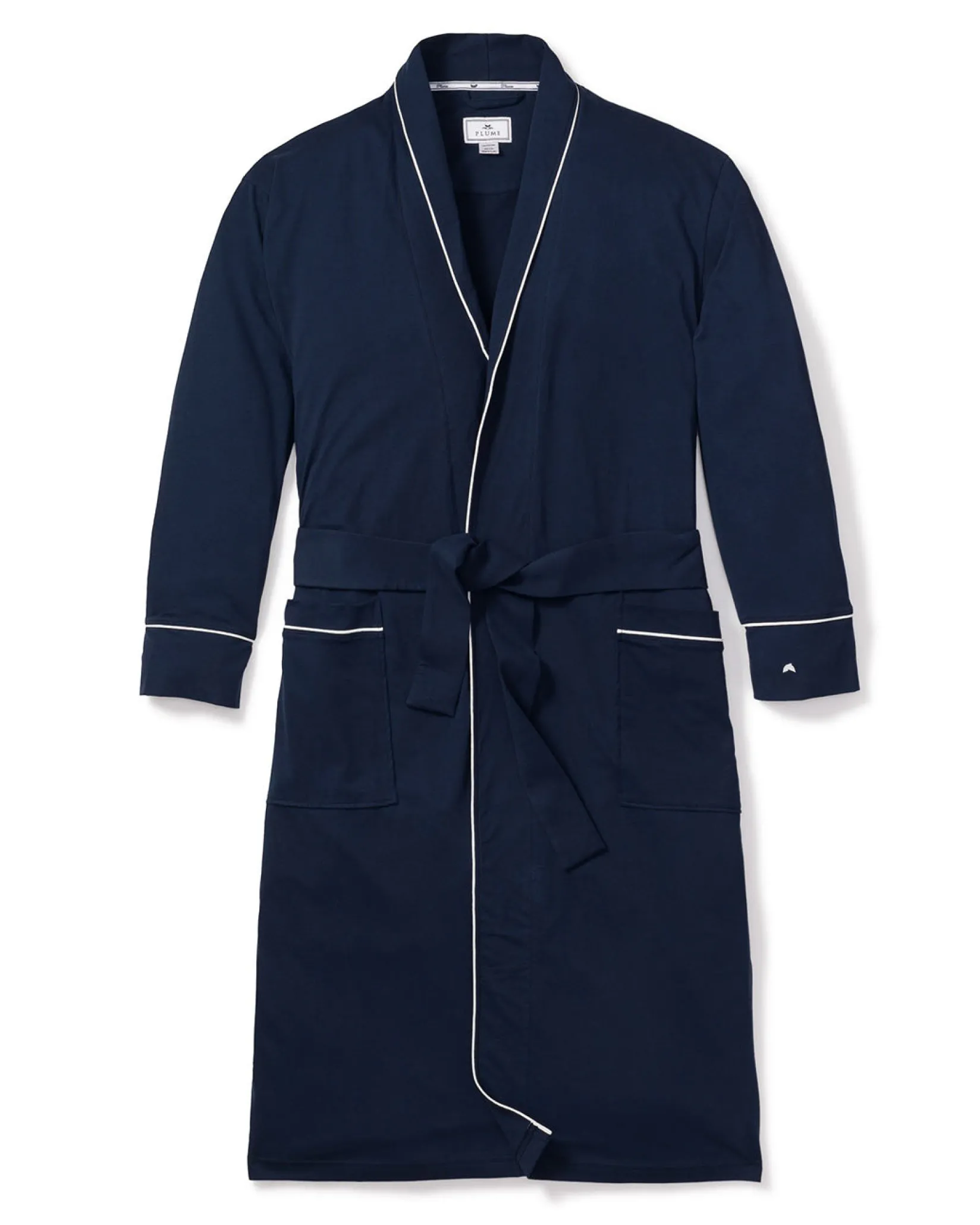Petite Plume Men's Pima Robe in White with Navy Piping