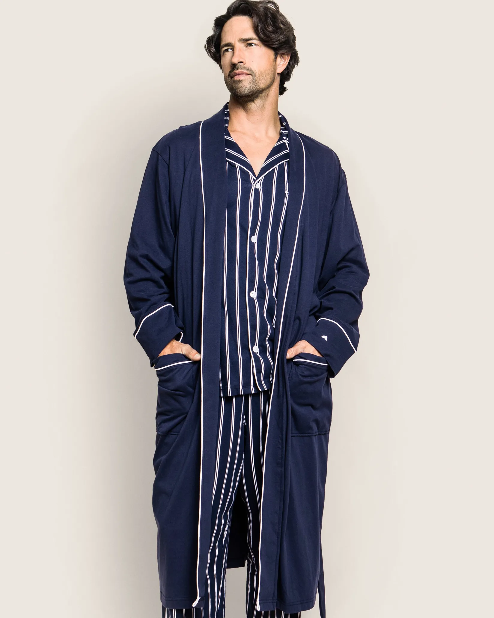 Petite Plume Men's Pima Robe in White with Navy Piping