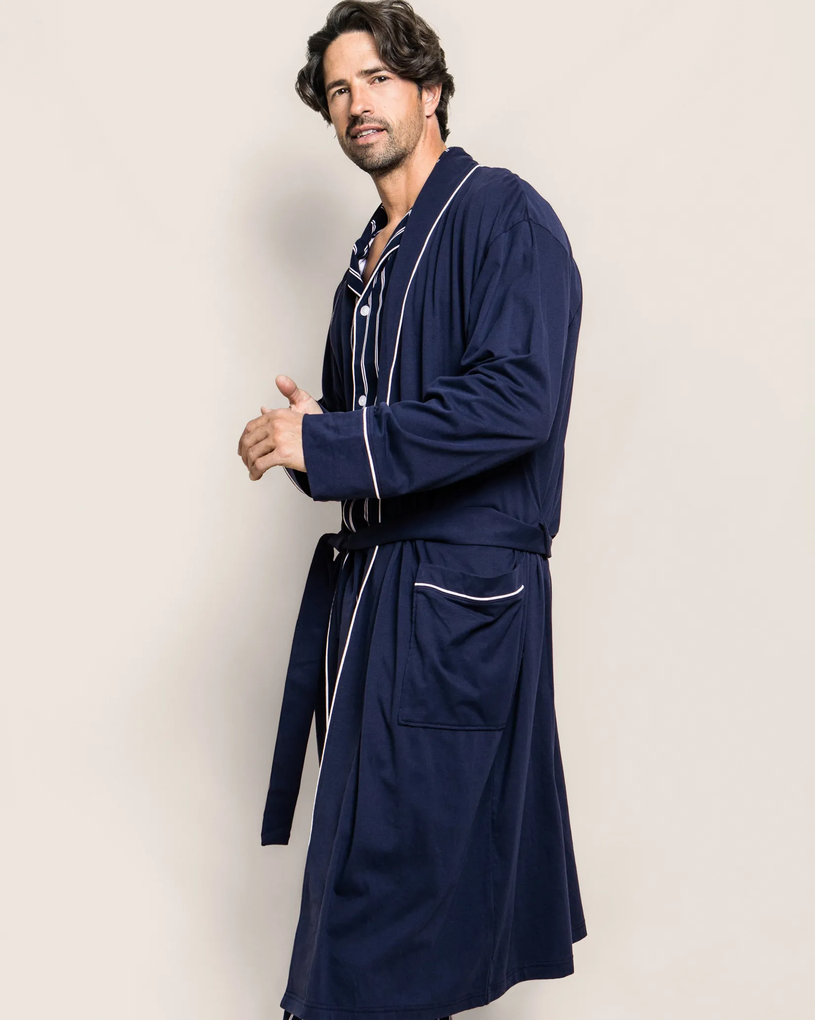 Petite Plume Men's Pima Robe in White with Navy Piping