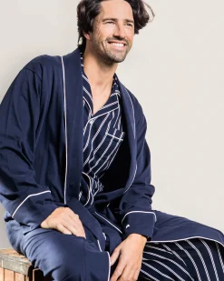 Petite Plume Men's Pima Robe in White with Navy Piping