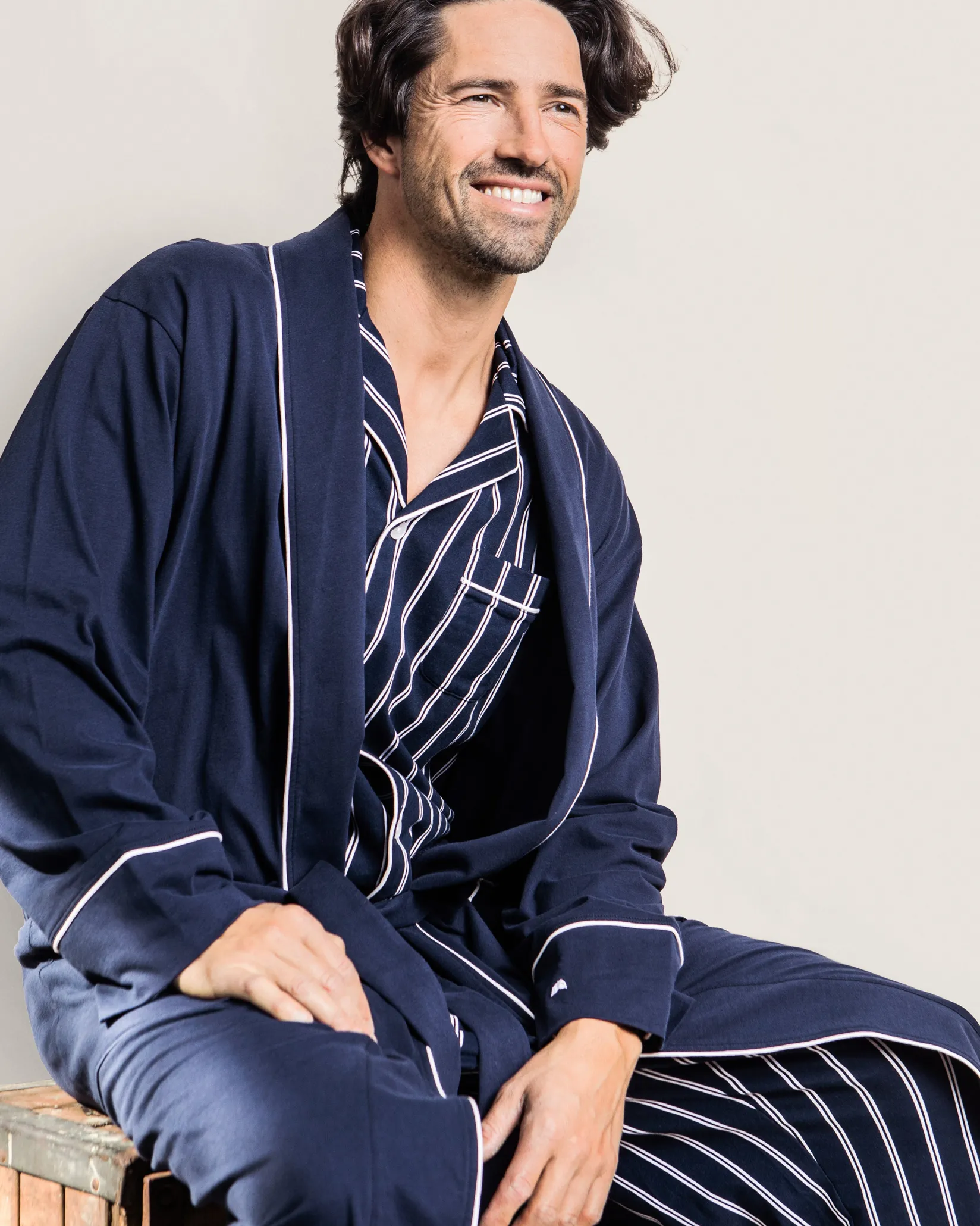 Petite Plume Men's Pima Robe in White with Navy Piping