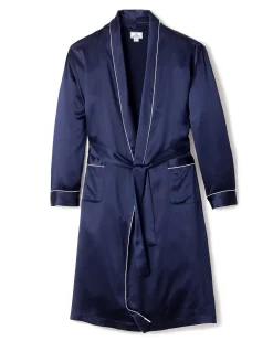 Petite Plume Men's Silk Long Robe in Navy