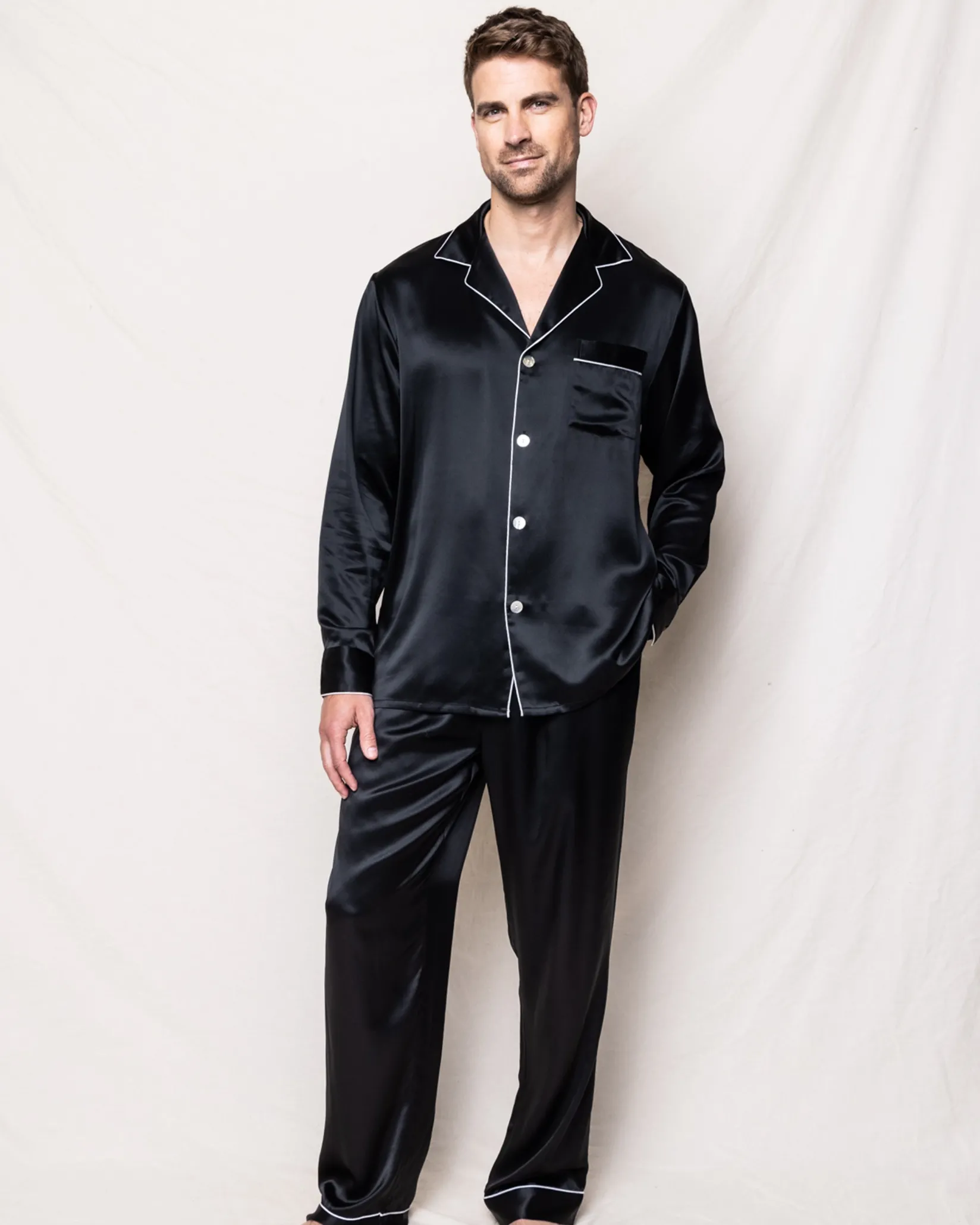Petite Plume Men's Silk Pajama Set in Black