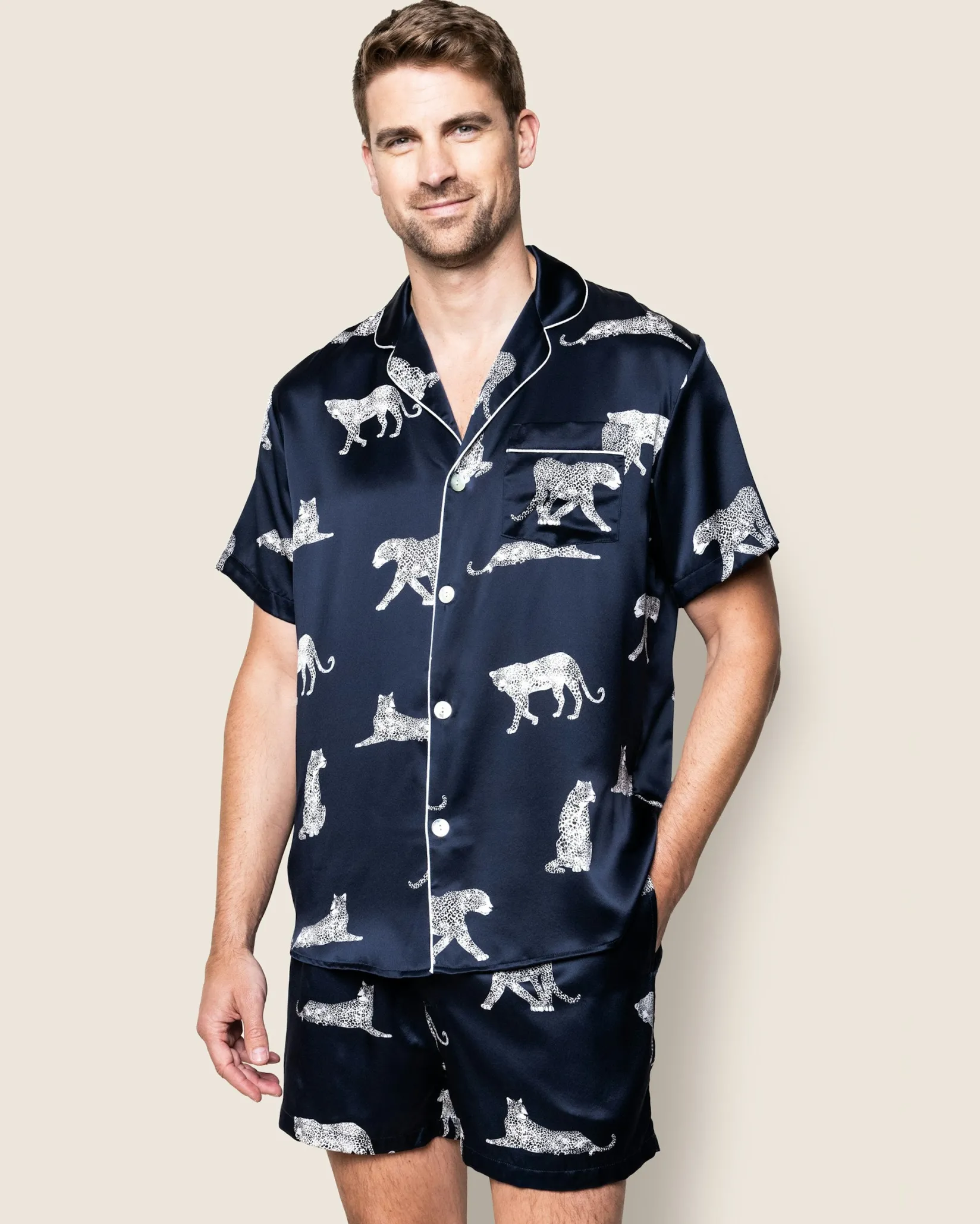 Petite Plume Men's Silk Pajama Short Set in Panthère de Nuit