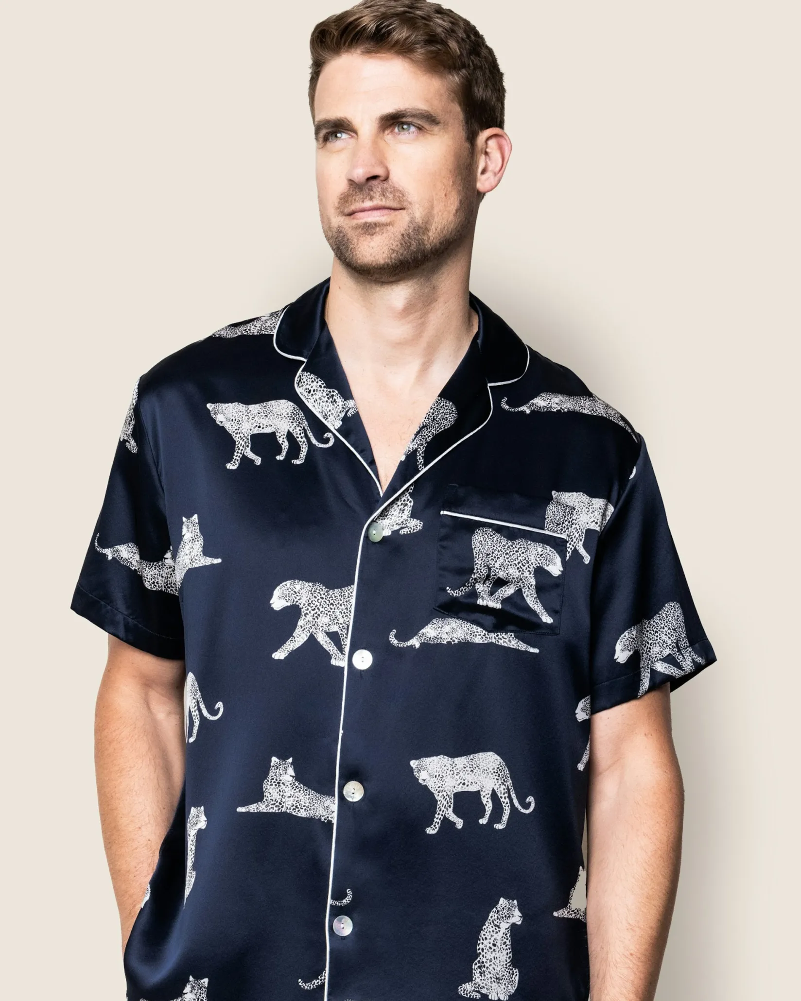 Petite Plume Men's Silk Pajama Short Set in Panthère de Nuit