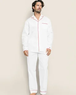 Petite Plume Men's Twill Pajama Set in White with Red Piping