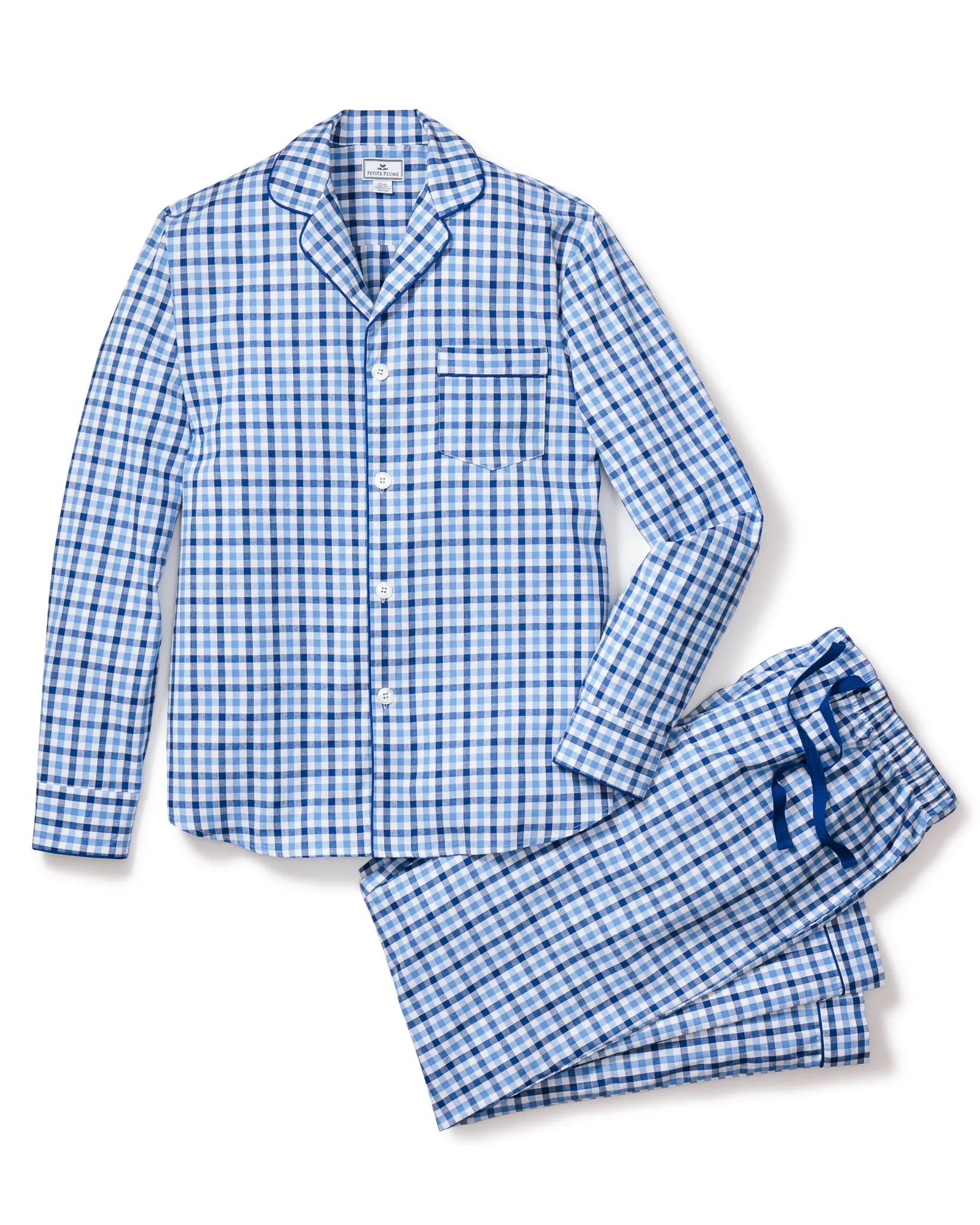 Petite Plume Men's Twill Pajama Set in Royal Blue Gingham