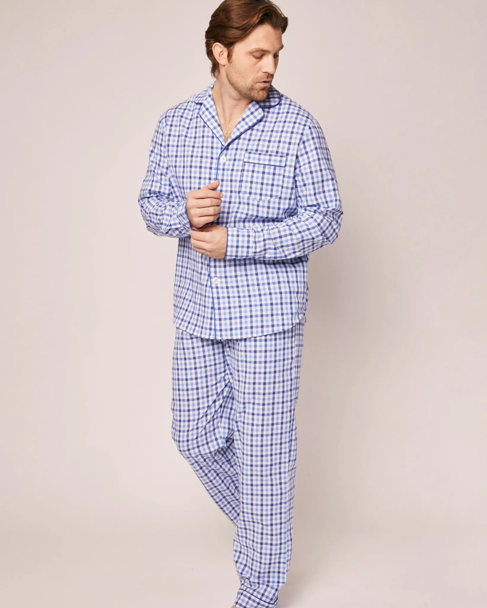 Petite Plume Men's Twill Pajama Set in Royal Blue Gingham