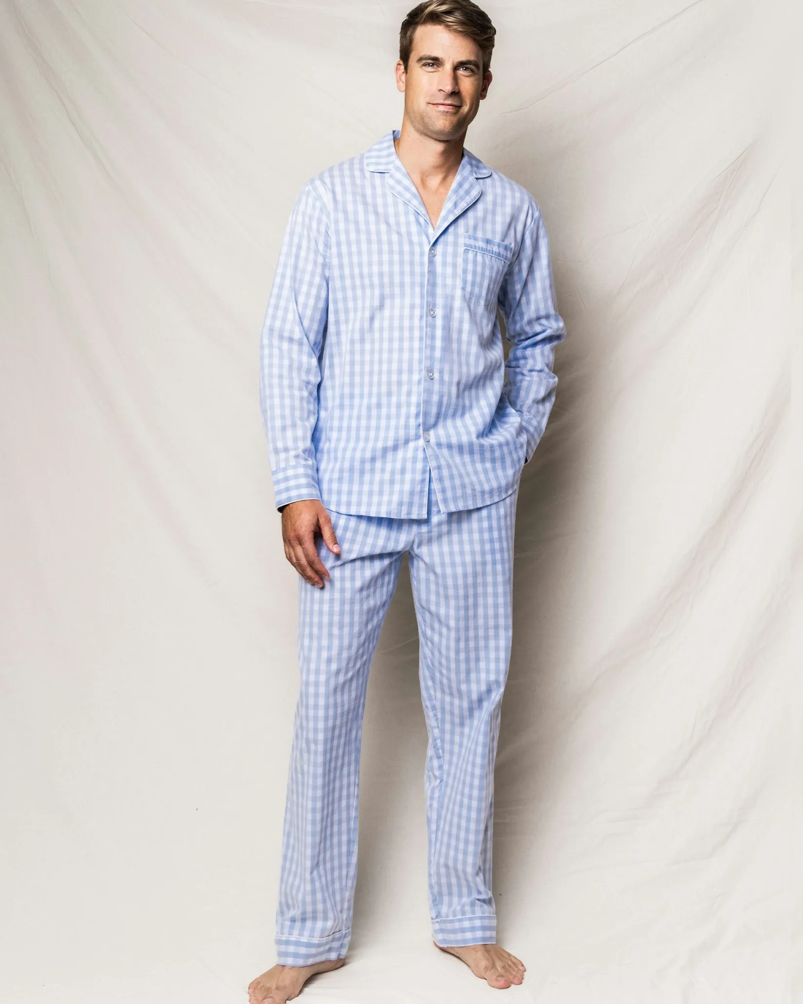Petite Plume Men's Twill Pajama Set in Royal Blue Gingham