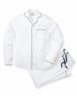 Petite Plume Men's Twill Pajama Set in White with Navy Piping