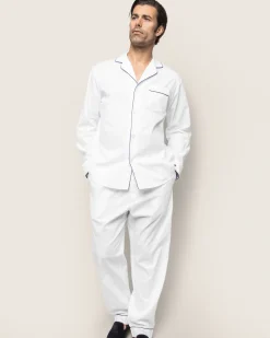 Petite Plume Men's Twill Pajama Set in White with Navy Piping