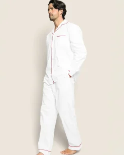 Petite Plume Men's Twill Pajama Set in White with Navy Piping