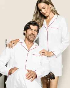 Petite Plume Men's Twill Pajama Set in White with Navy Piping
