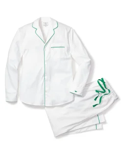 Petite Plume Men's Twill Pajama Set in White with Green Piping