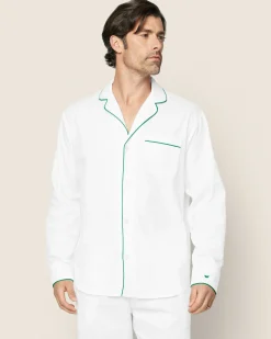 Petite Plume Men's Twill Pajama Set in White with Green Piping