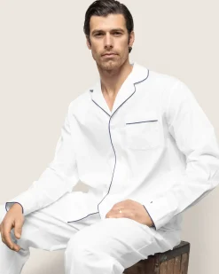 Petite Plume Men's Twill Pajama Set in White with Green Piping