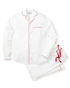Petite Plume Men's Twill Pajama Set in White with Green Piping