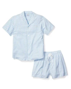 Petite Plume Men's Twill Pajama Short Set in Light Blue Gingham