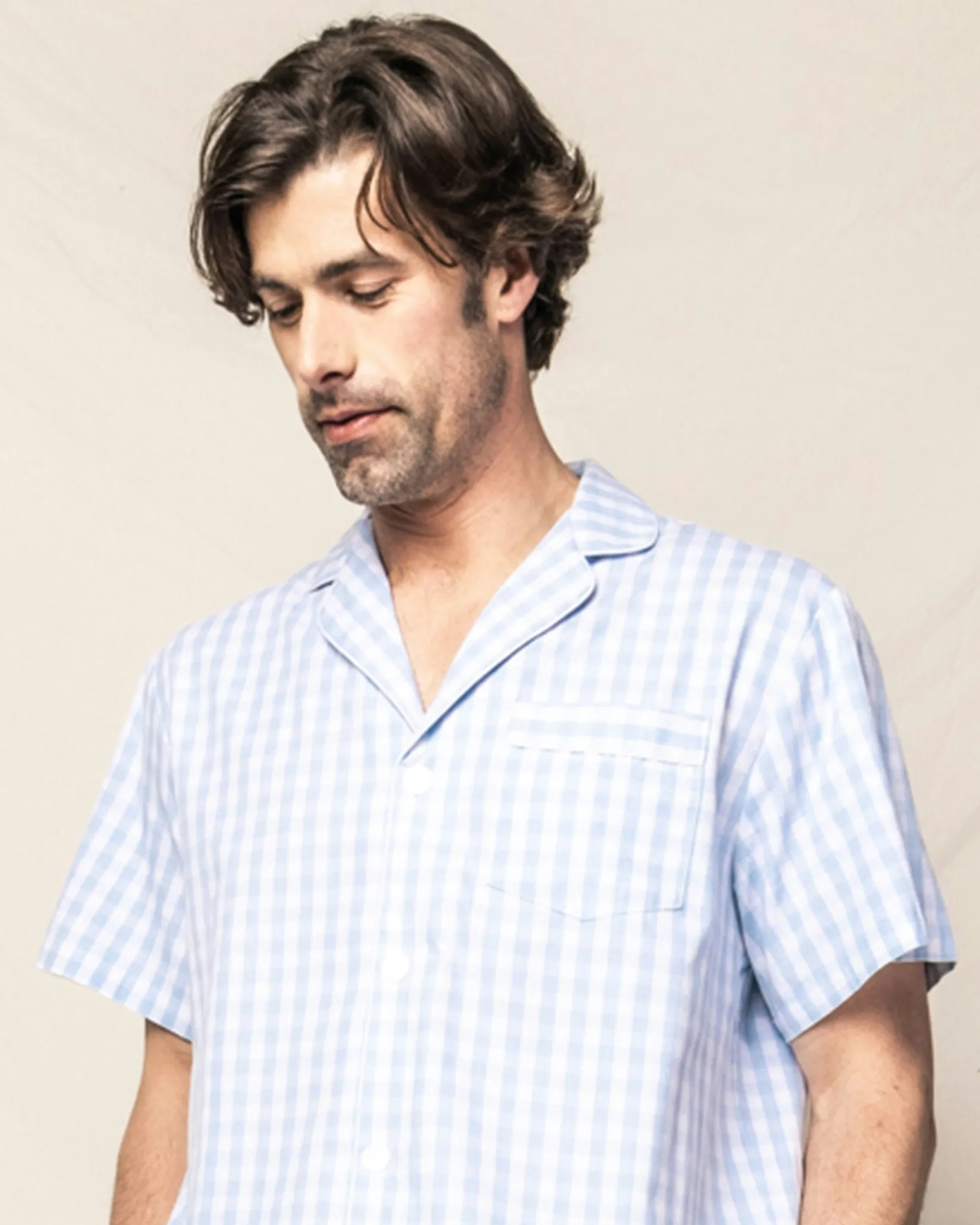 Petite Plume Men's Twill Pajama Short Set in Light Blue Gingham