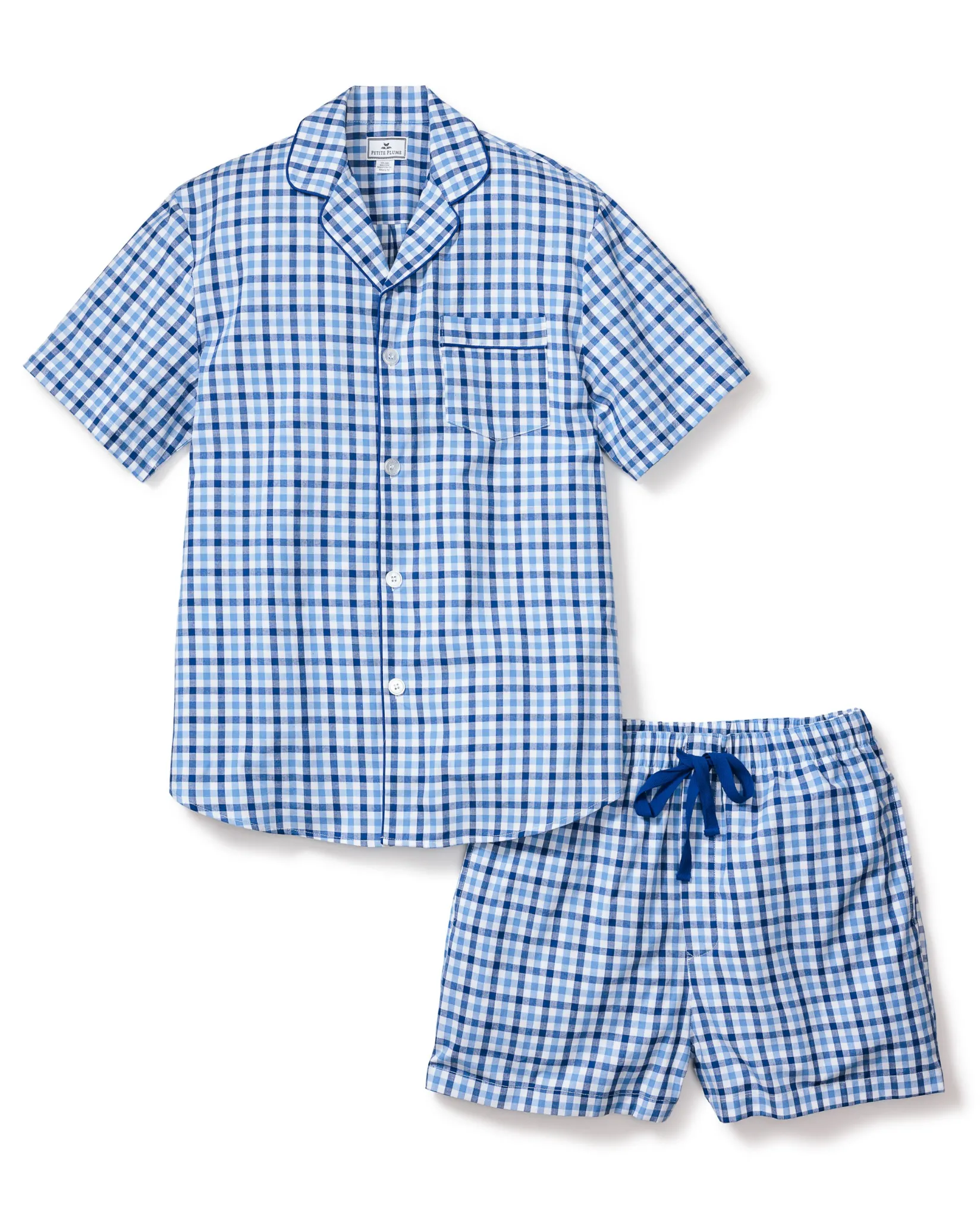 Petite Plume Men's Twill Pajama Short Set in Light Blue Gingham