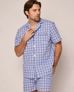 Petite Plume Men's Twill Pajama Short Set in Light Blue Gingham