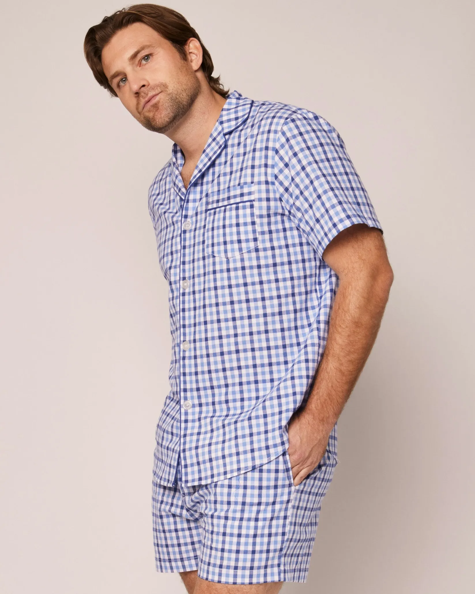 Petite Plume Men's Twill Pajama Short Set in Royal Blue Gingham