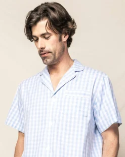 Petite Plume Men's Twill Pajama Short Set in Royal Blue Gingham