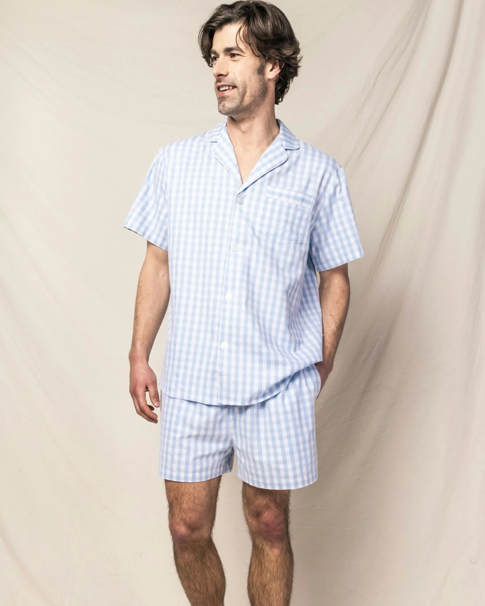 Petite Plume Men's Twill Pajama Short Set in Royal Blue Gingham