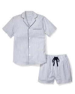 Petite Plume Men's Twill Pajama Short Set in Navy French Ticking