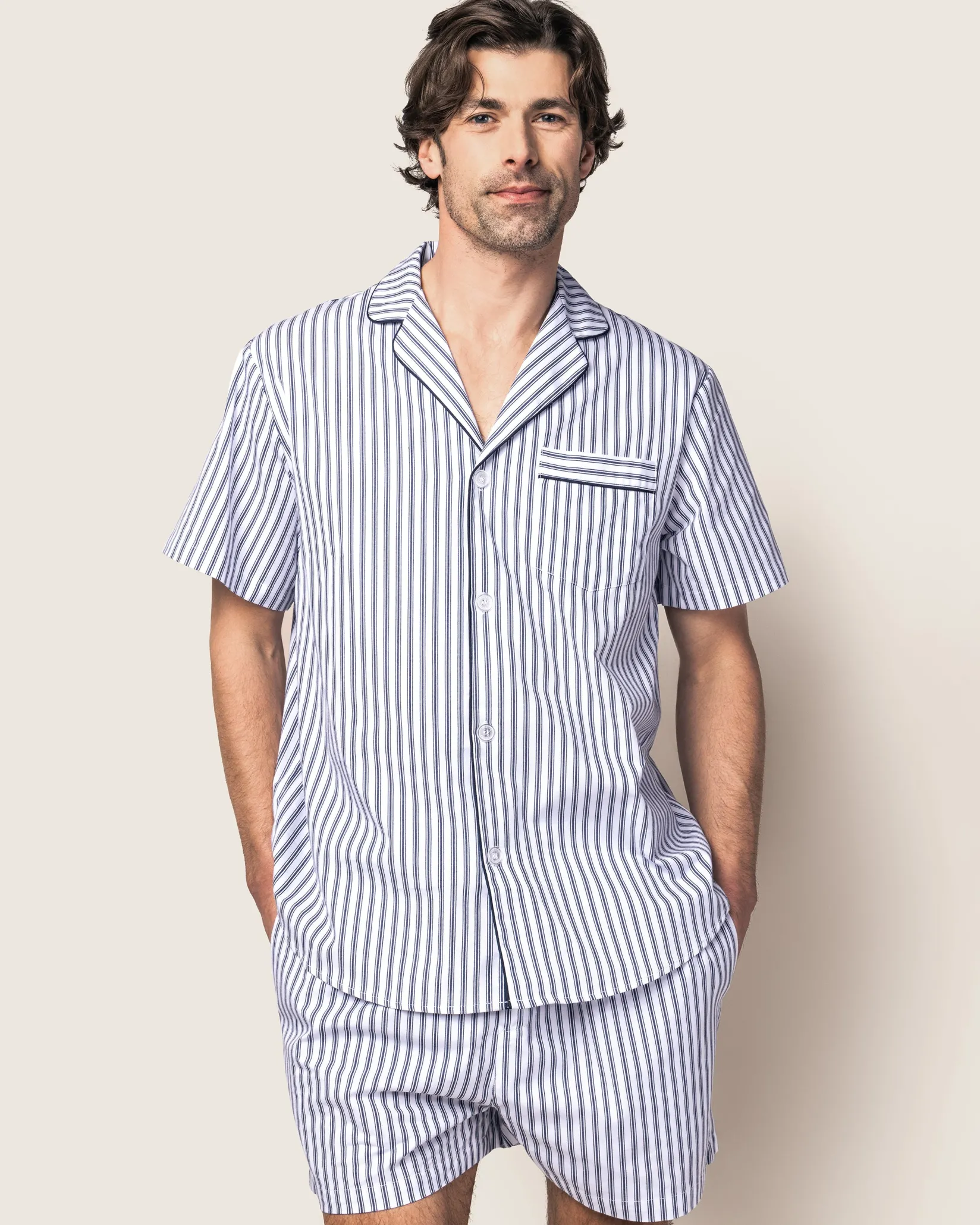 Petite Plume Men's Twill Pajama Short Set in Navy French Ticking
