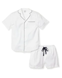 Petite Plume Men's Twill Pajama Short Set in White with Navy Piping