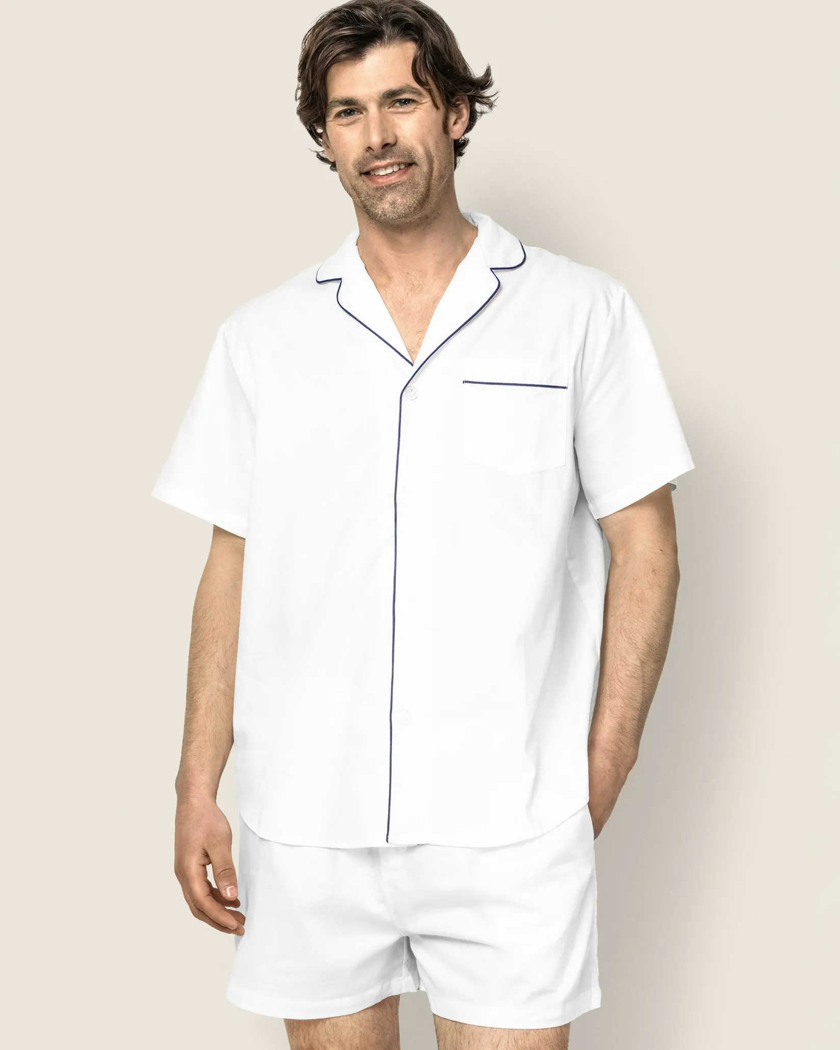 Petite Plume Men's Twill Pajama Short Set in White with Navy Piping