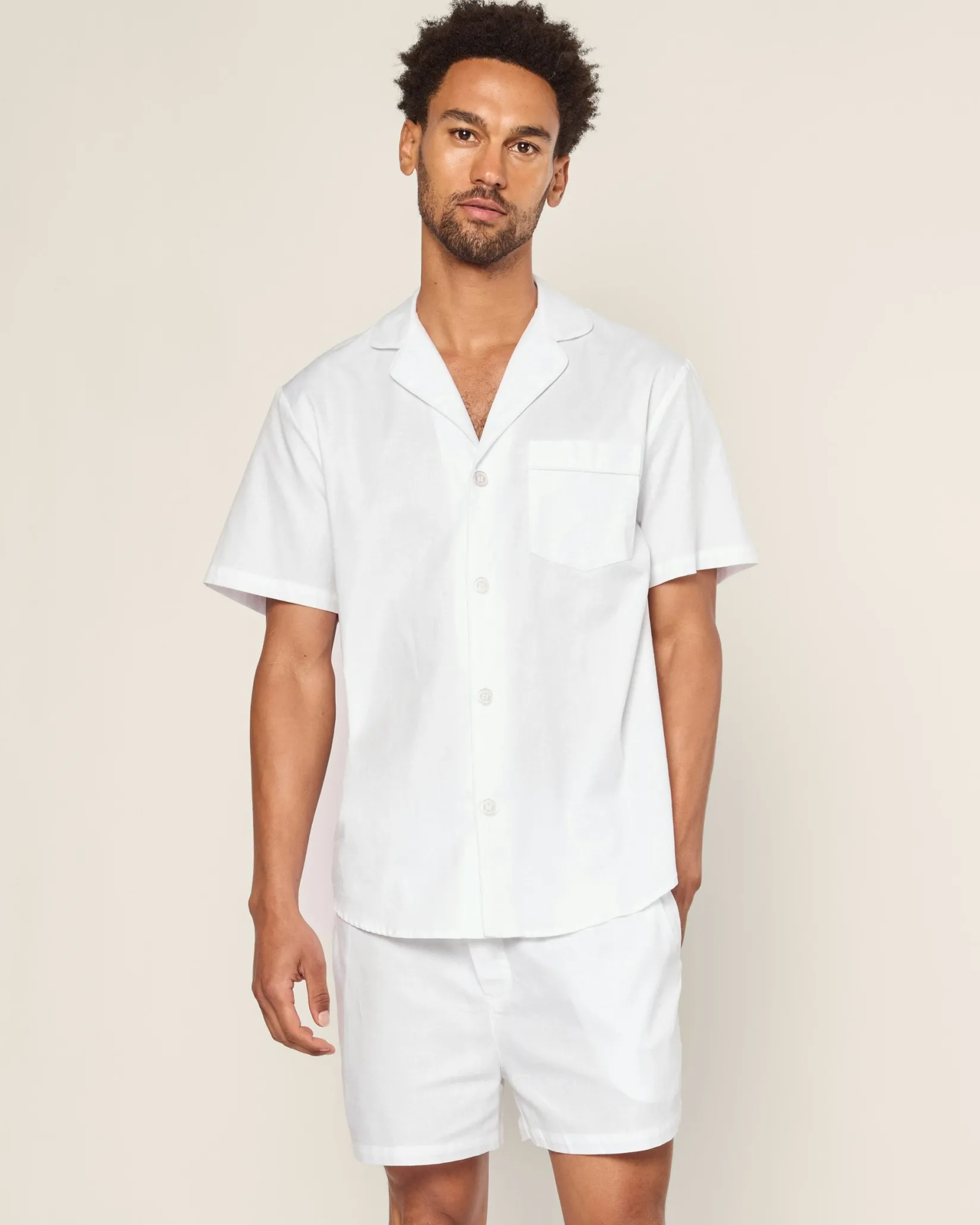Petite Plume Men's Twill Pajama Short Set in White with Navy Piping