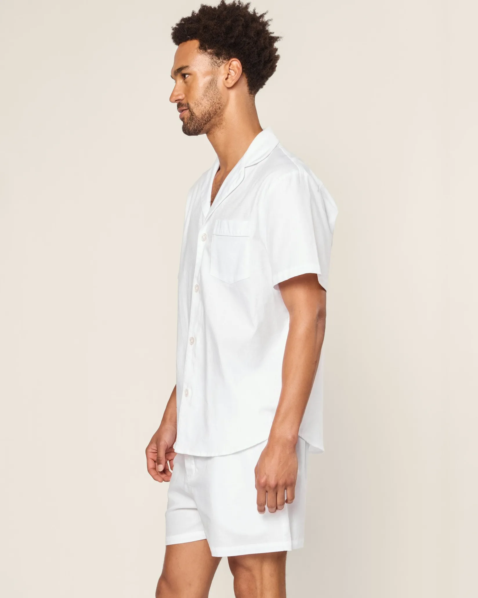 Petite Plume Men's Twill Pajama Short Set in White with Navy Piping