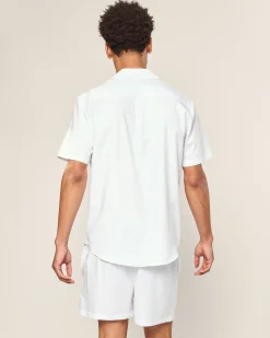 Petite Plume Men's Twill Pajama Short Set in White with Navy Piping