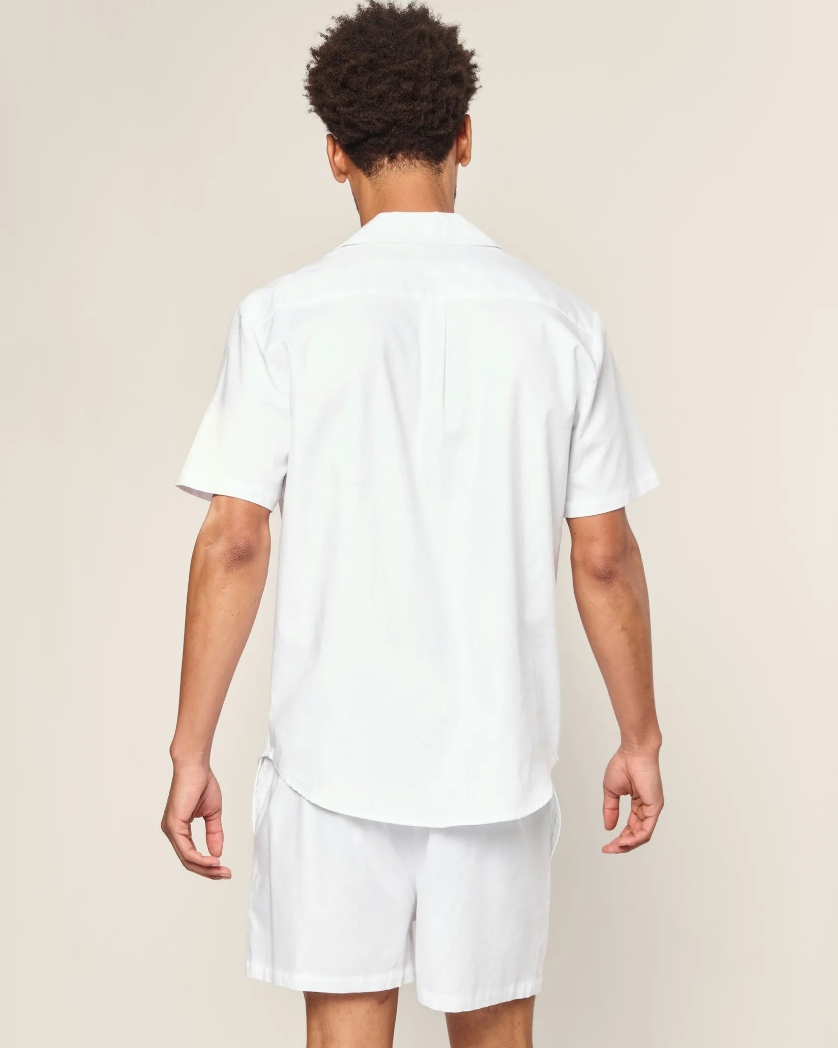 Petite Plume Men's Twill Pajama Short Set in White with Navy Piping