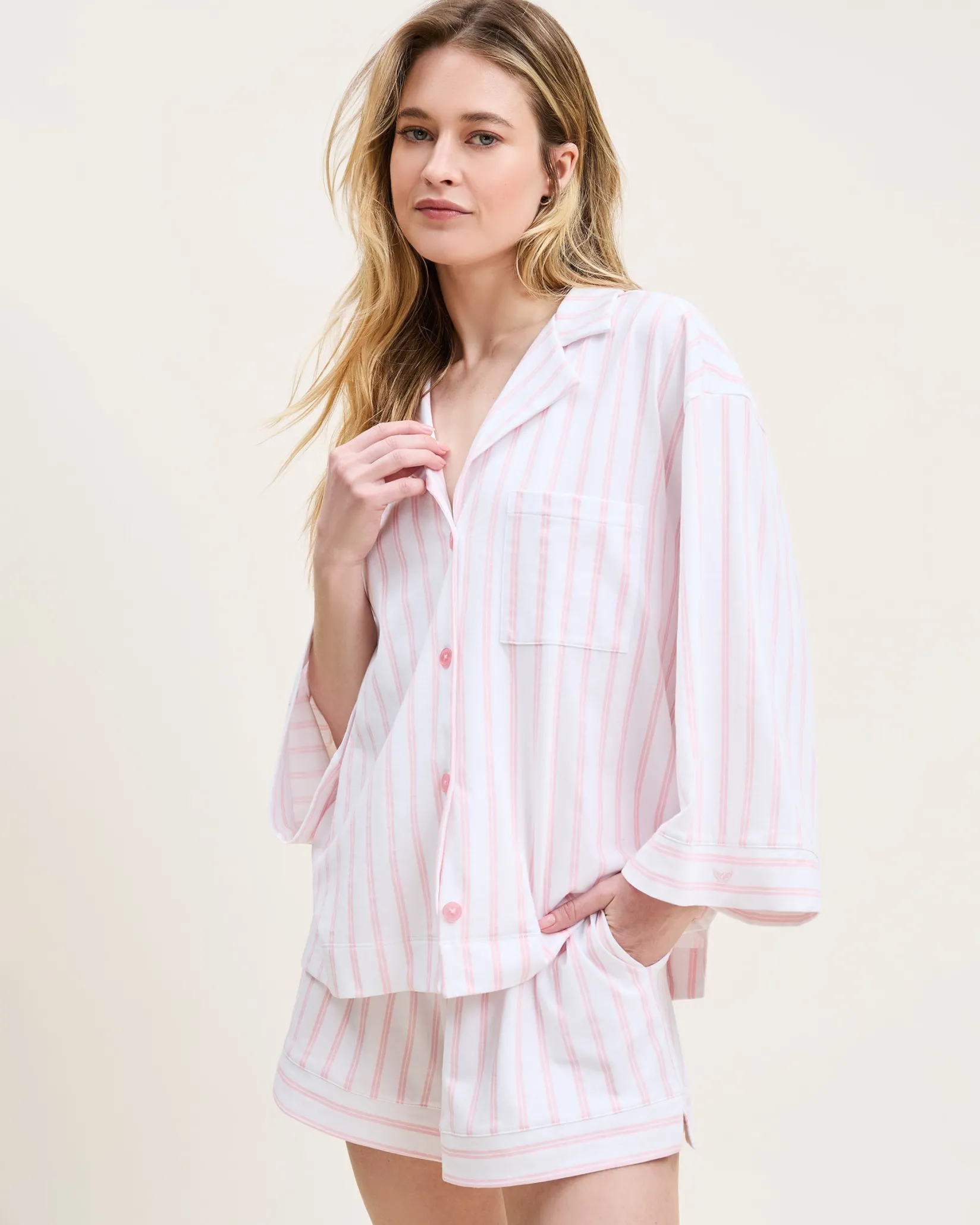 Women Petite Plume The Olivia Pima Short Set in Pink Stripe