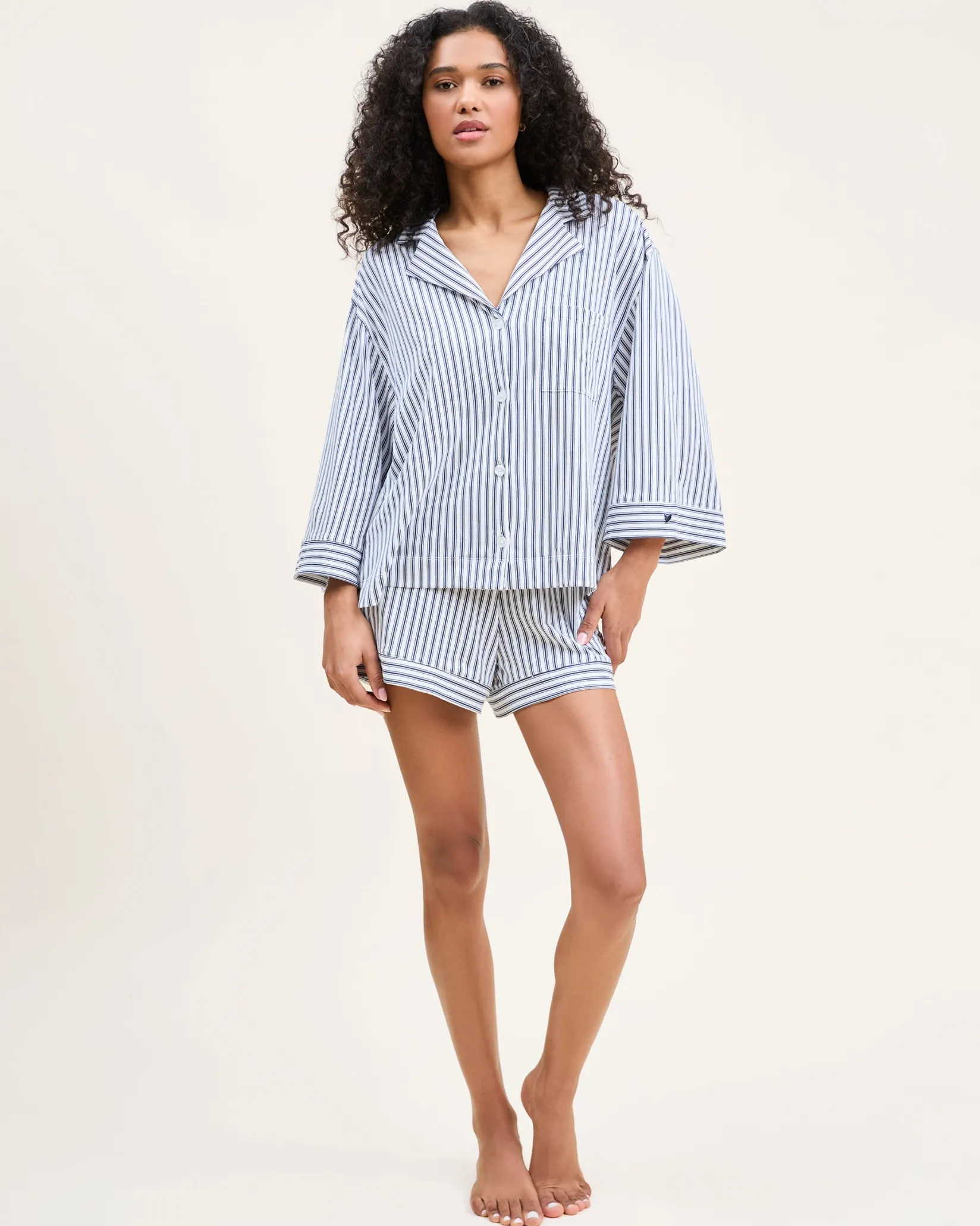 Women Petite Plume The Olivia Pima Short Set in Navy French Ticking