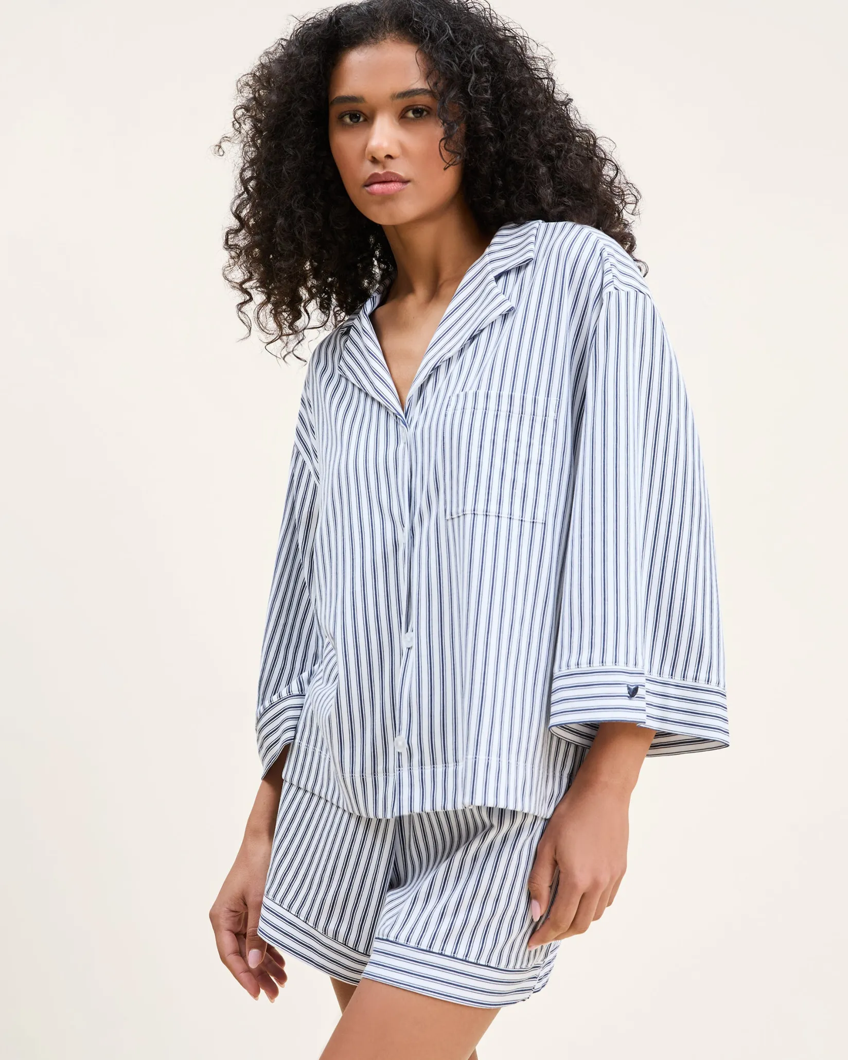 Women Petite Plume The Olivia Pima Short Set in Navy French Ticking