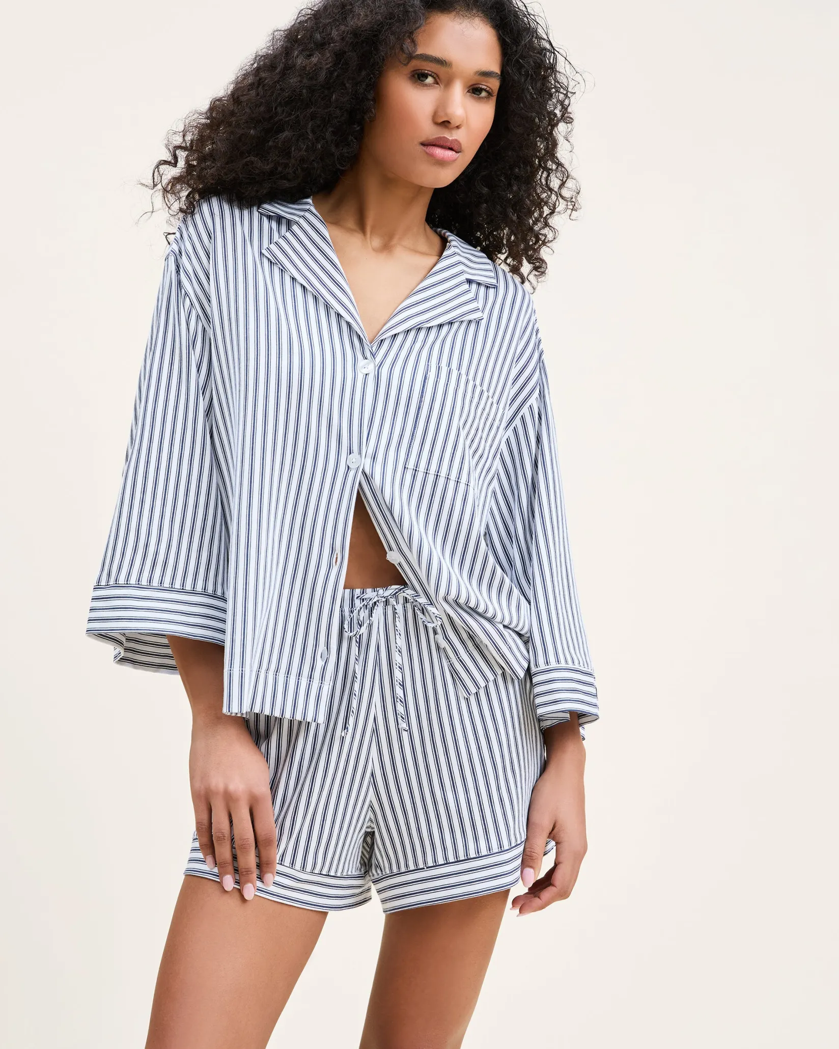 Women Petite Plume The Olivia Pima Short Set in Navy French Ticking
