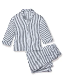 Women Petite Plume The Olivia Wide Leg Pima Pajama Set in Navy French Ticking